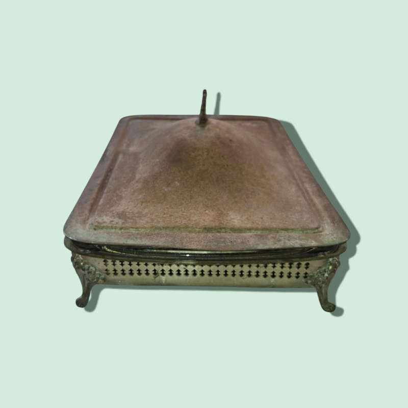 Silver plated serving dish with lid and glass insert