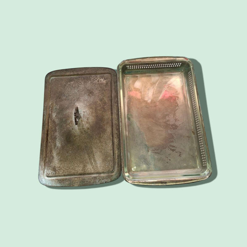Silver plated serving dish with lid and glass insert