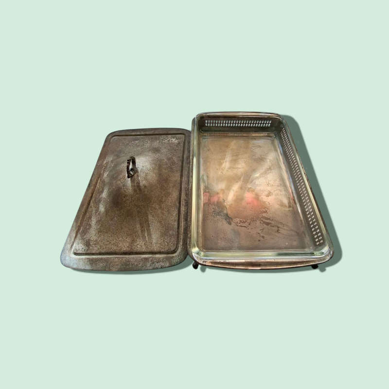 Silver plated serving dish with lid and glass insert