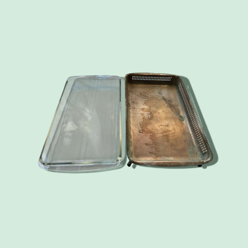 Silver plated serving dish with lid and glass insert
