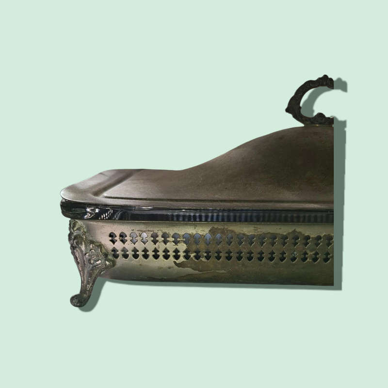 Silver plated serving dish with lid and glass insert
