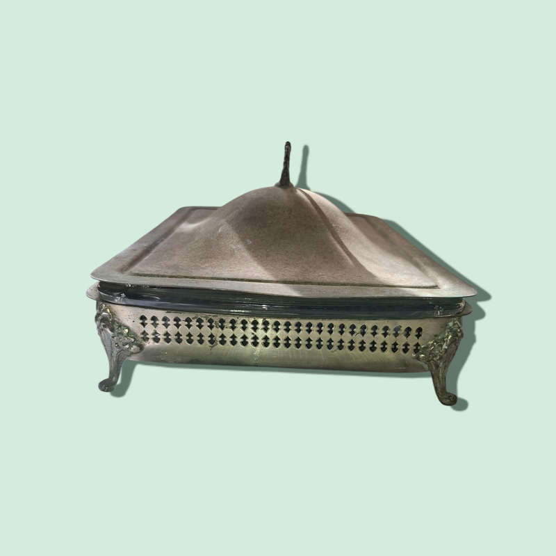 Silver plated serving dish with lid and glass insert