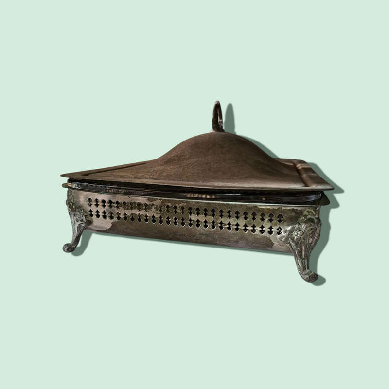Silver plated serving dish with lid and glass insert