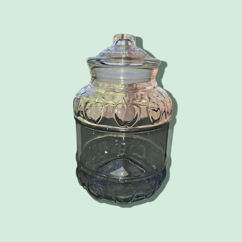 Vintage KIG Indonesia Clear Glass Cookie Jar Canister with Lid Embossed Fruit