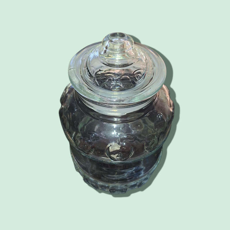 Vintage KIG Indonesia Clear Glass Cookie Jar Canister with Lid Embossed Fruit