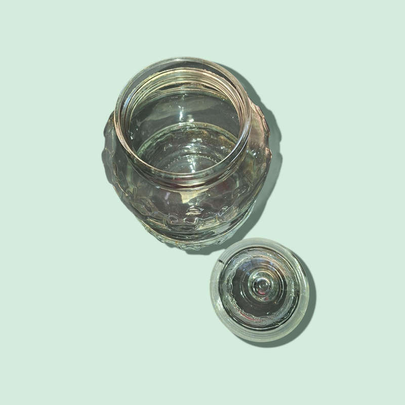 Vintage KIG Indonesia Clear Glass Cookie Jar Canister with Lid Embossed Fruit
