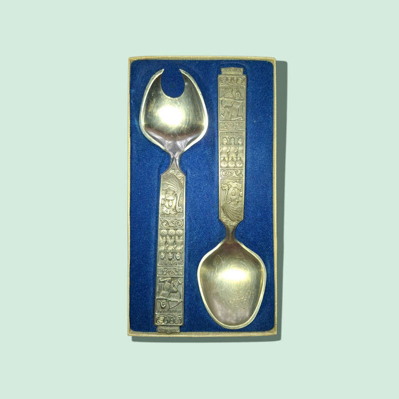 Vintage SET Norway Konge Tinn Saga SERVING SPOON & FORK Viking Heilag Olav Large