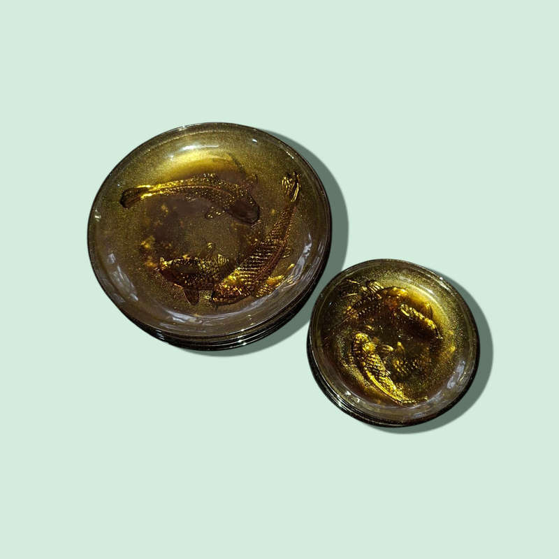 Amber Glass Salad And side  Plates 3D Decorative Embossed Koi Goldfish KIG Indonesia six of each