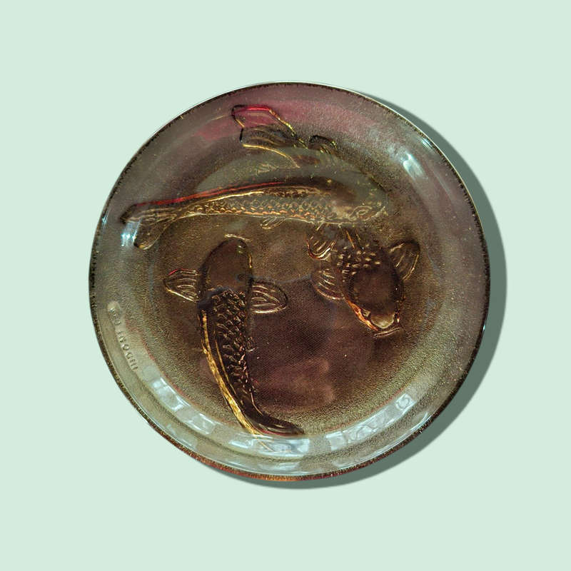 Amber Glass Salad And side  Plates 3D Decorative Embossed Koi Goldfish KIG Indonesia six of each