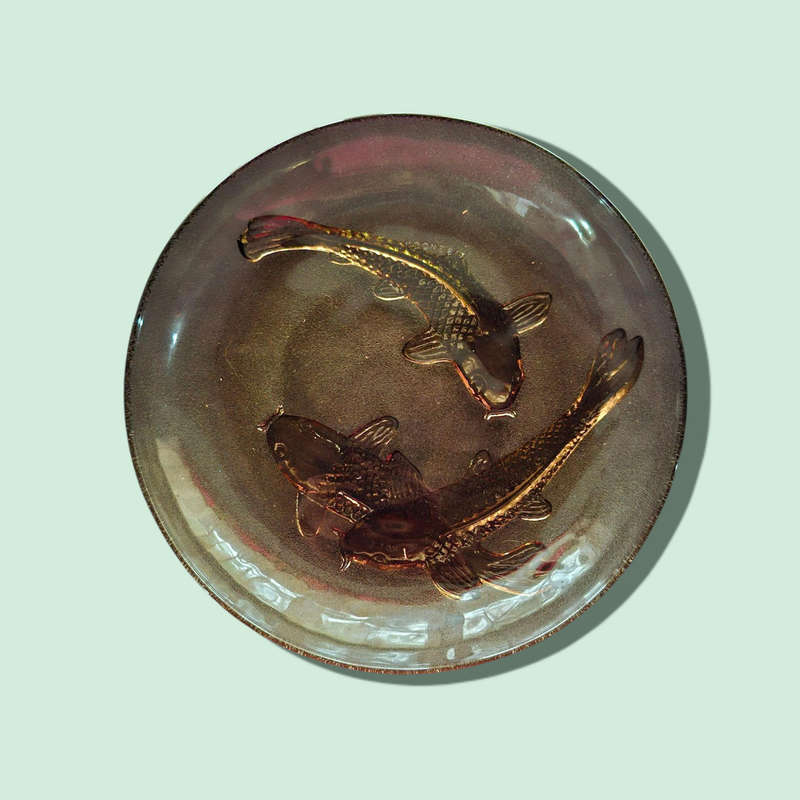 Amber Glass Salad And side  Plates 3D Decorative Embossed Koi Goldfish KIG Indonesia six of each