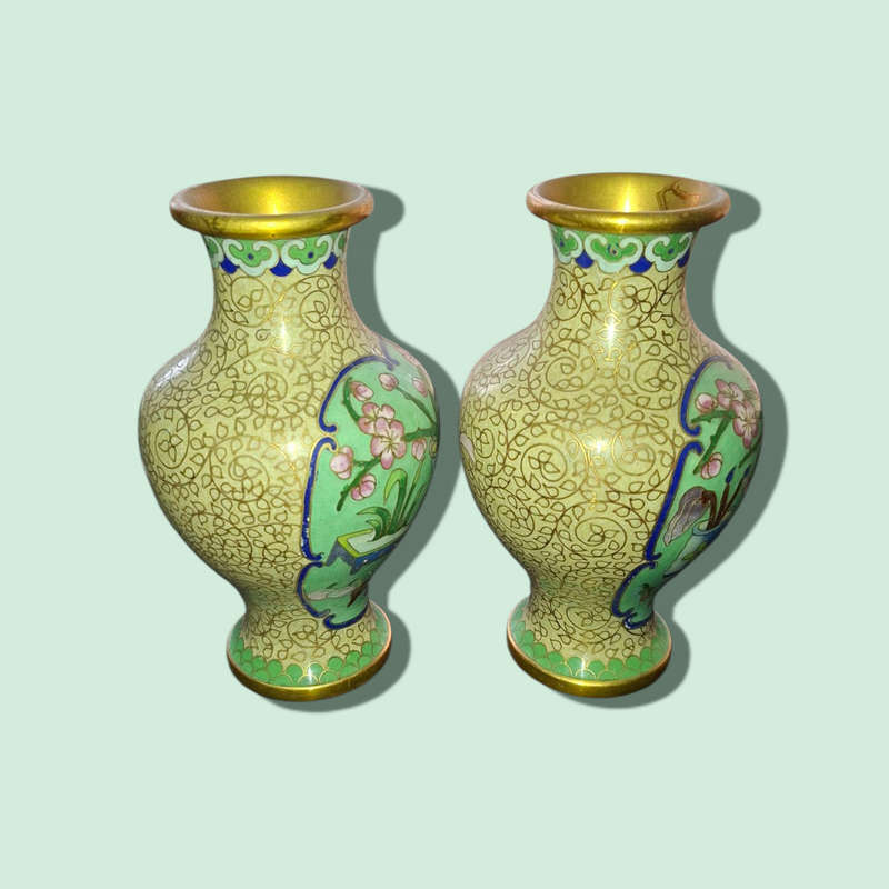 Miniature Enamel on Brass Bud Vase Floral Pattern Vintage Metal