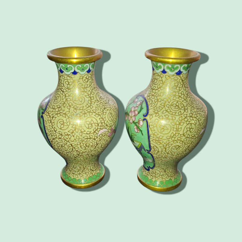 Miniature Enamel on Brass Bud Vase Floral Pattern Vintage Metal