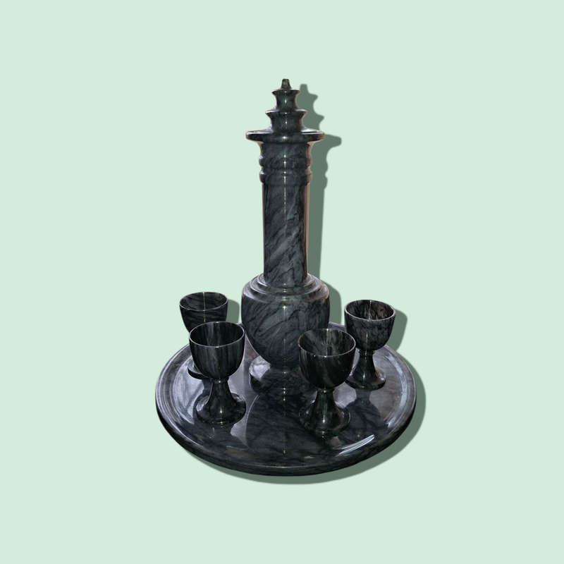 Vintage Green Jade Marble Sake Set with 4 Pedestal Cups, Decanter, & Tray