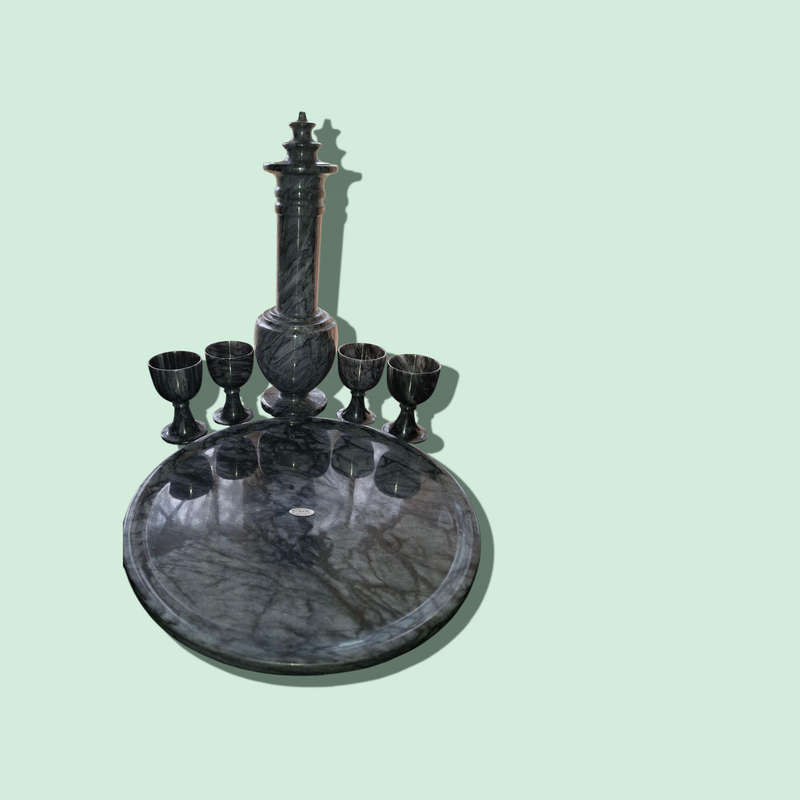Vintage Green Jade Marble Sake Set with 4 Pedestal Cups, Decanter, & Tray