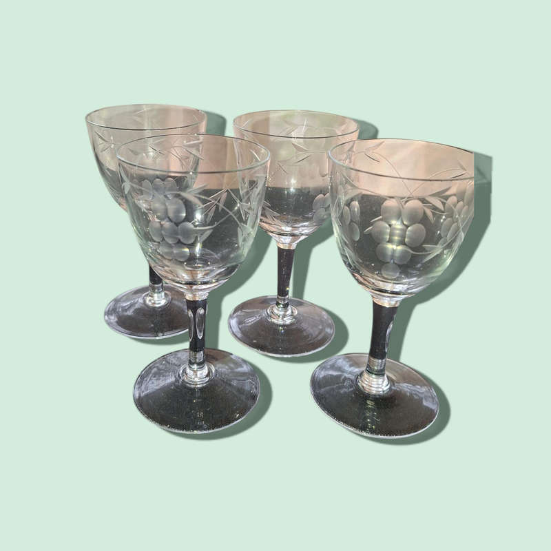 Sherry glasses with etched grapes motif