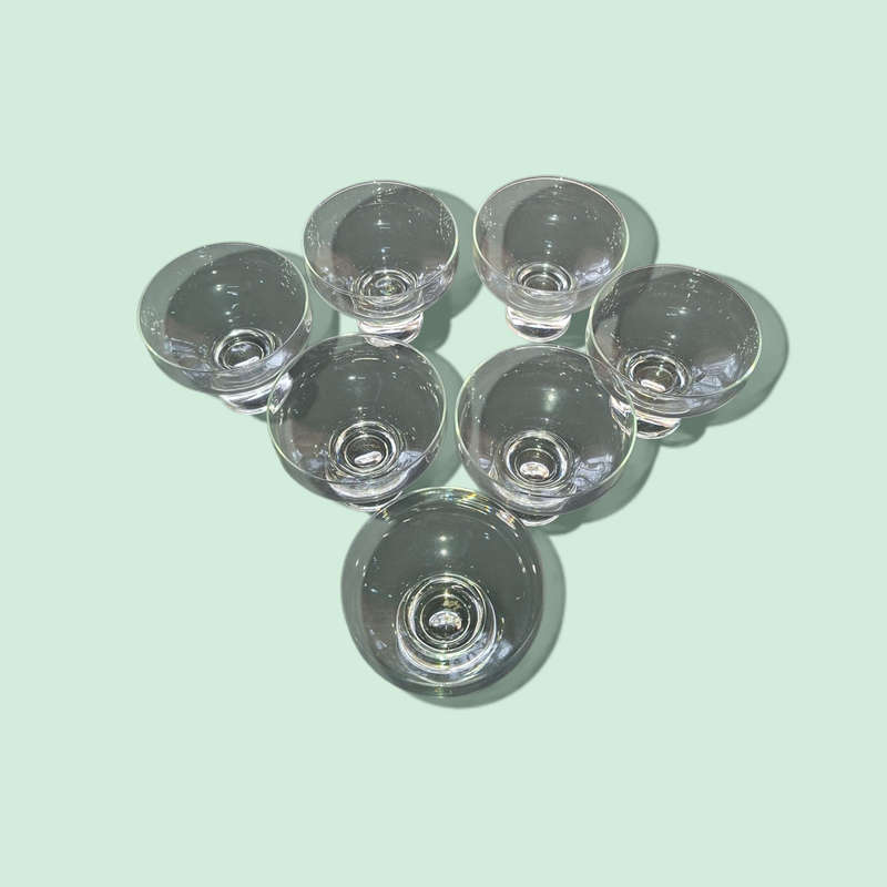 7 Vintage Bubble Base Stem Coupes. Regis Crown Corning Coupe Glasses Cocktails. Dessert Bowls. Champ