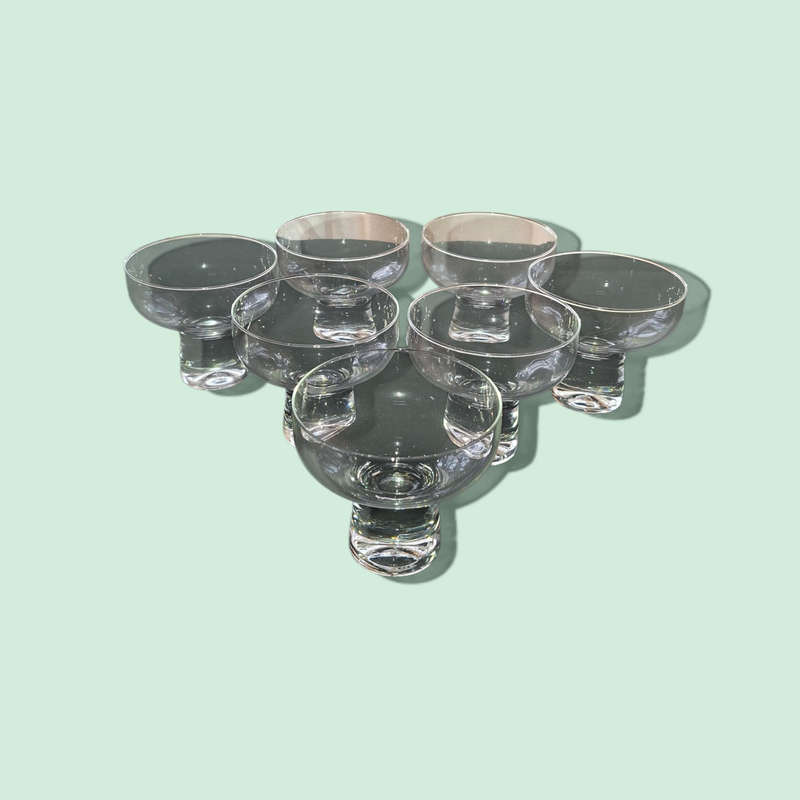 7 Vintage Bubble Base Stem Coupes. Regis Crown Corning Coupe Glasses Cocktails. Dessert Bowls. Champ