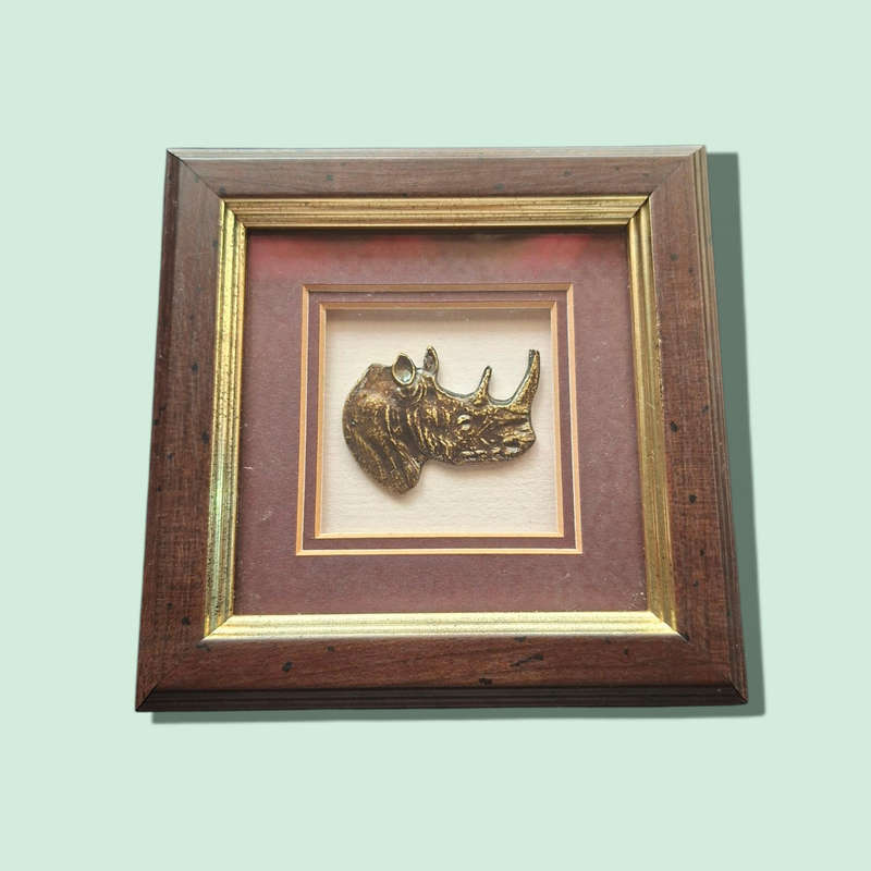 VINTAGE FRAMED BRASS AFRICAN ELEPHANT Rhino heat and giraffe