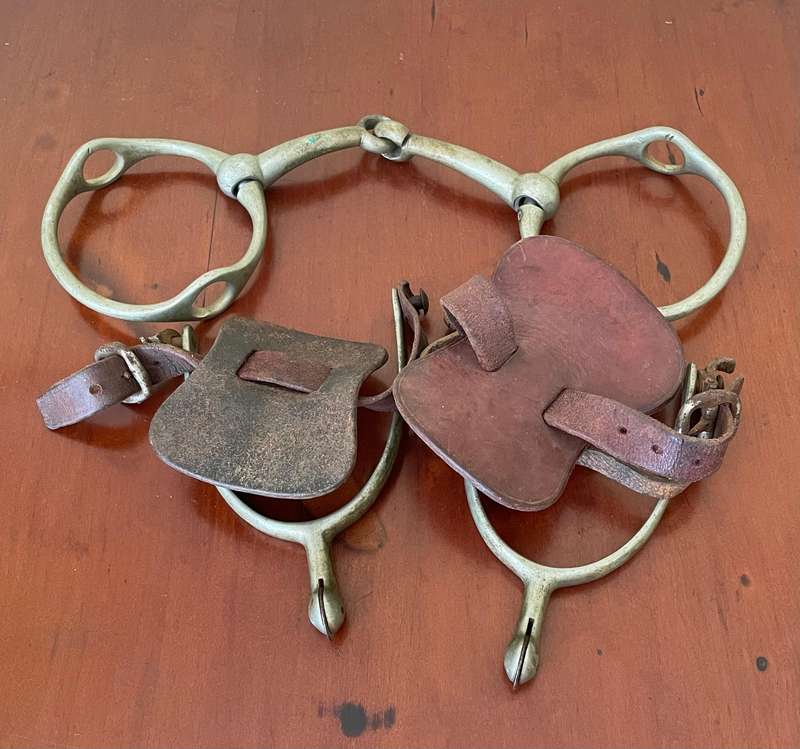 Pair of riding spurs and a Myler Baucher bit