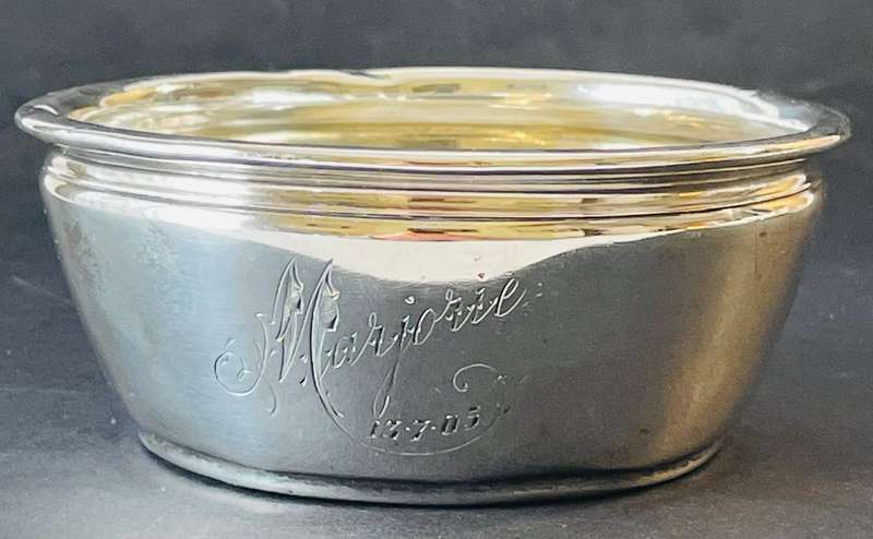 A true antique sterling silver bowl GM&co engraved Marjoram and dated 13-7-05 weighing 86.9 grams