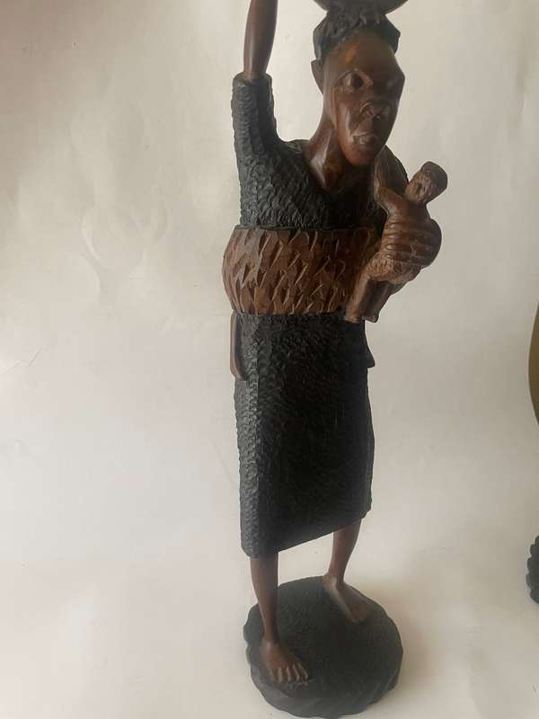 Stunning African hardwood carving of lady with baby
