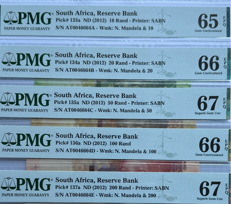 SA Bank Notes 2023 - Full set with Same Serial number 46664 (Mandela's Robben Island prison number)