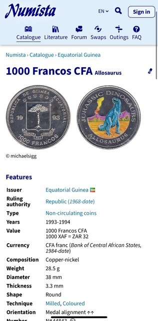 Equatorial Guinea, 1000 Francos CFA - 1993 - Jurassic Dinosaurs Series - ALLOSAURUS. RARE