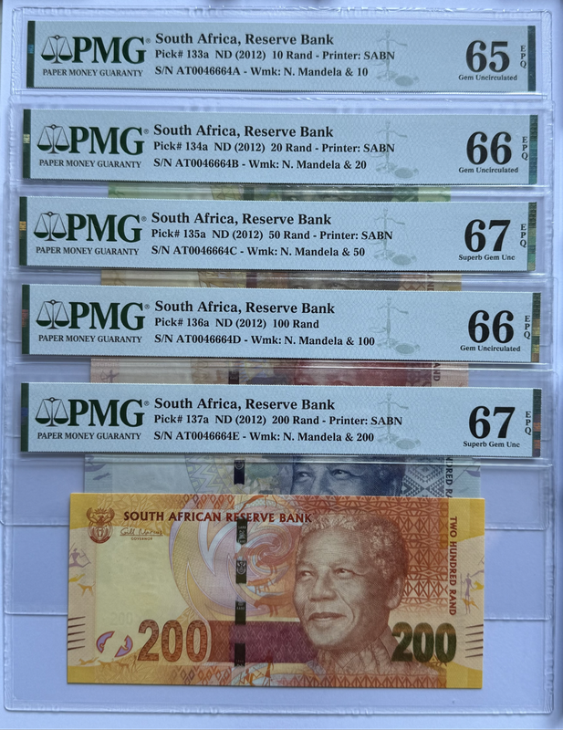 SA Bank Notes 2023 - Full set with Same Serial number 46664 (Mandela's Robben Island prison number)