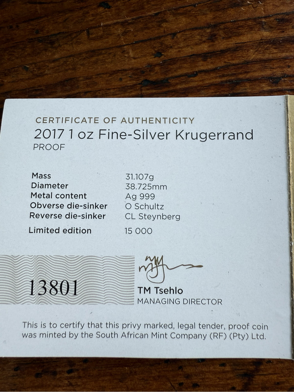 2017 Proof Silver Krugerrand - 50th Anniversary Privy Mark with COA