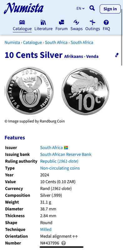 2024 Proof Silver (.999) 1oz South Africa 10 cent - the Cape Honey Bee