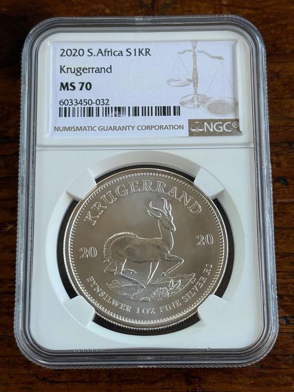 2020 Uncirculated Silver Krugerrand. TOP POP at NGC graded MS70. Rare in this grade