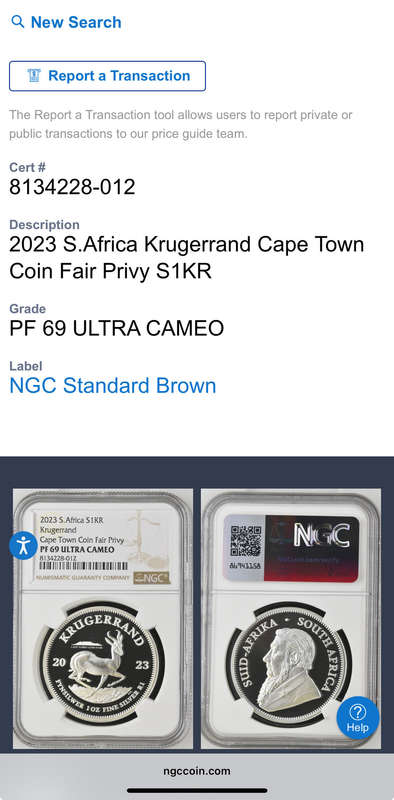 2023 Cape Town Coin Fair Privy (Table Mountain) Proof Silver Krugerrand. Limited Mintage of 1000