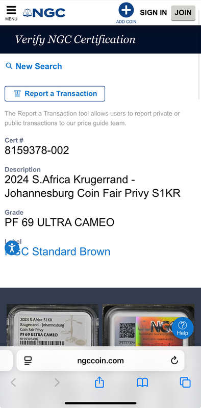 2024 Johannesburg Coin Fair Privy, Proof Silver Krugerrand. Limited Mintage of 1000