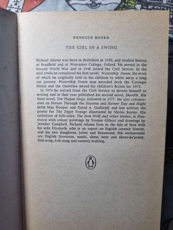 Richard Adams - The Girl in a Swing. Author of Watership Down!
