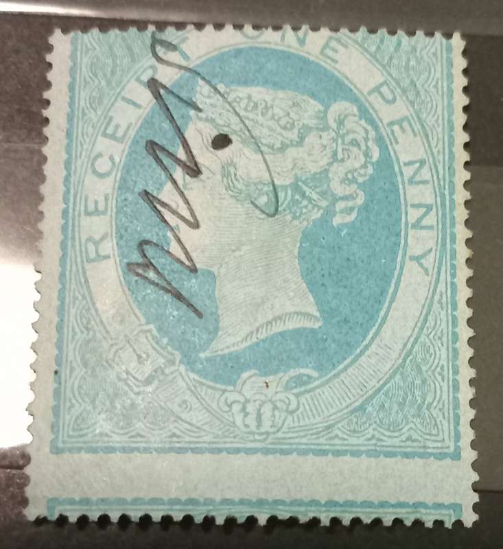 GB-fiscal/ revenue stamp. QV receipt one penny with perf shift and blue paper