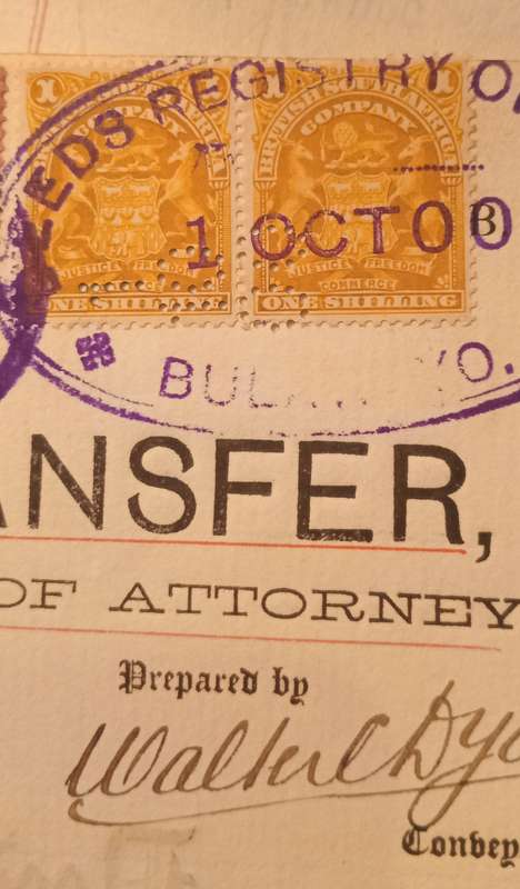 BSAC 1897 £1 Black and red Brown + 1 Shilling Pair on Deed of Transfer CV R3000+