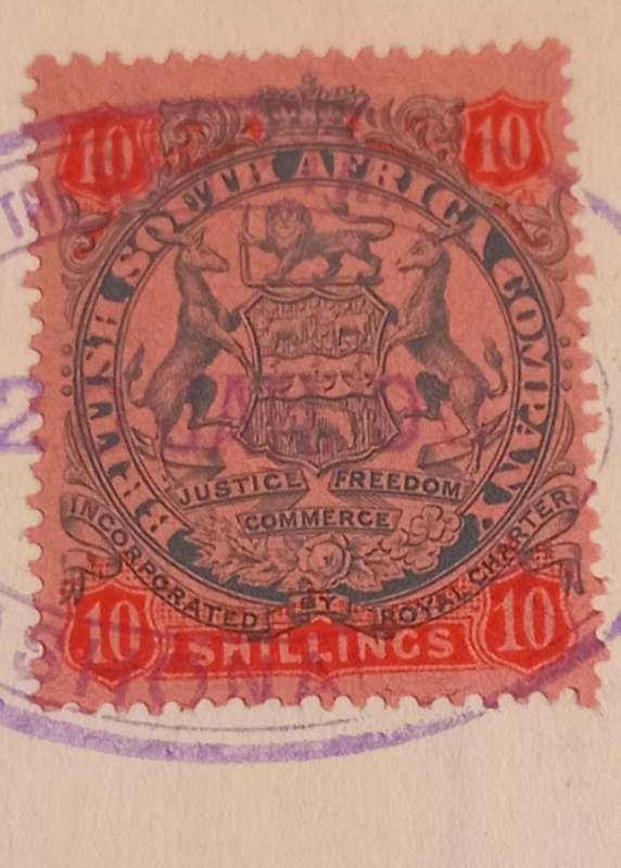B.S.A.C-1896 Rhodesia 10/- Slate&Vermilion on Rose paper fixed on Deed of Transfer(1898)Diagram