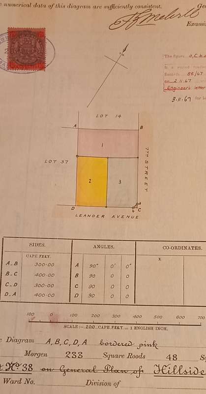 B.S.A.C-1896 Rhodesia 10/- Slate&Vermilion on Rose paper fixed on Deed of Transfer(1898)Diagram