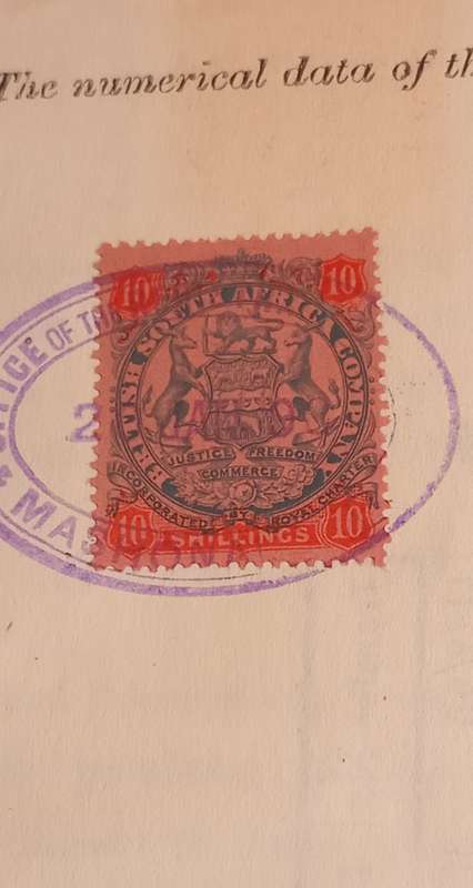 B.S.A.C-1896 Rhodesia 10/- Slate&Vermilion on Rose paper fixed on Deed of Transfer(1898)Diagram