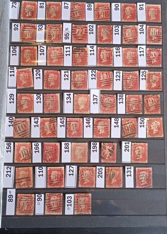 REDUCED!!GB QV SG43 Penny Red Huge lot of 45 different plate nrs with 49 stamps