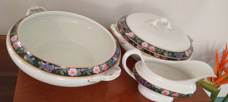 Antique A. B. Jones & Sons Grafton China 2 x Lidded Bowls &Gravy Boat Black with Roses & Birds c1910