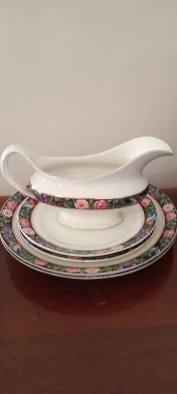 Antique A. B. Jones & Sons Grafton China 2 x Lidded Bowls &Gravy Boat Black with Roses & Birds c1910