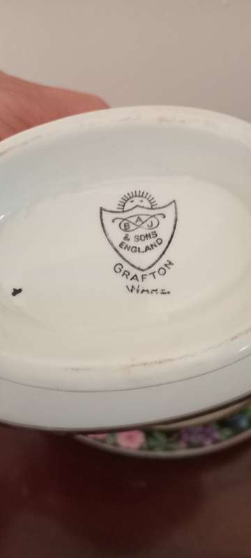 Antique A. B. Jones & Sons Grafton China 2 x Lidded Bowls &Gravy Boat Black with Roses & Birds c1910
