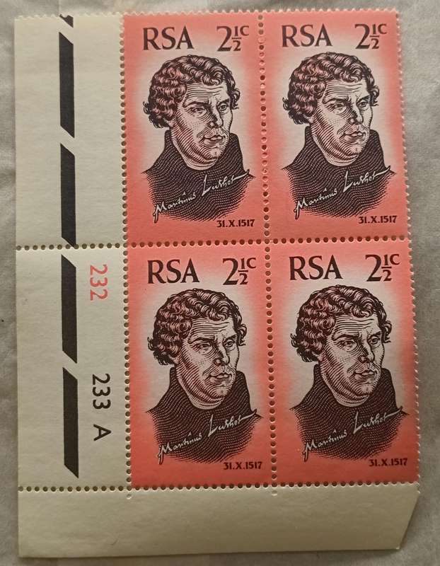 (51) RSA, 1967,ANNIVERSARY OF REFORMATION, BLOCK OF 4,MNH
