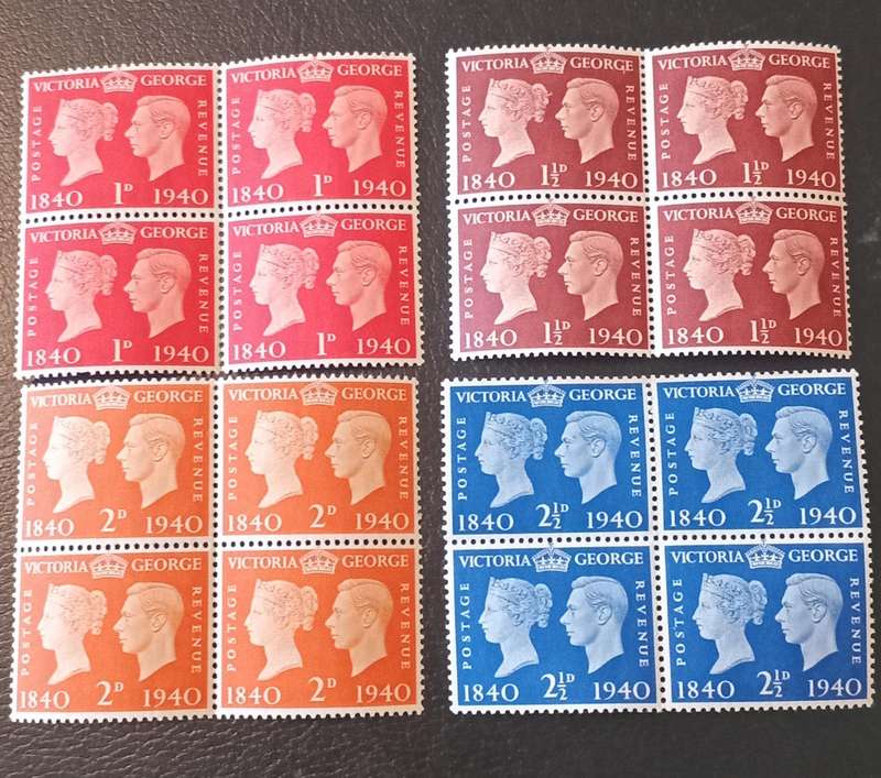 (58)GREAT BRITAIN, 1940,Centenary of First Adhesive Stamps,1d,1 1/2d,2d&2 1/2d Blue. Blocks of 4 MNH