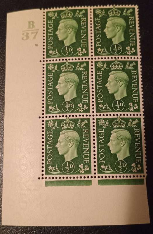(71)GBritain Scott# 235, ½d, 1937 plate margin block of 6