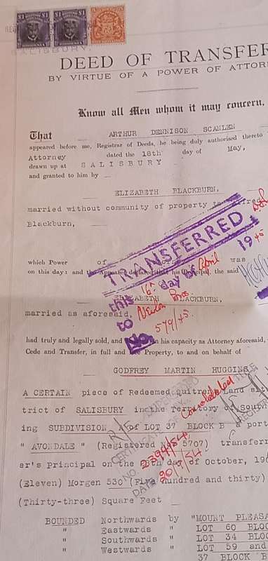 (80)Rhodesia(BSAC) 1913 1 Pound Pair On complete Deed of Transfer, incl. 5&10 Shillings all perfined