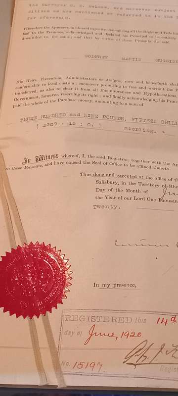 (80)Rhodesia(BSAC) 1913 1 Pound Pair On complete Deed of Transfer, incl. 5&10 Shillings all perfined