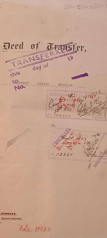 (80)Rhodesia(BSAC) 1913 1 Pound Pair On complete Deed of Transfer, incl. 5&10 Shillings all perfined