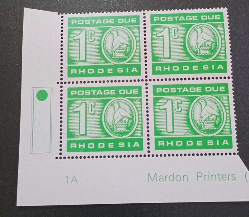 RHODESIA 1970, Postage due 1c Cylinder Block 1A of 4, Brown Gum, UMM